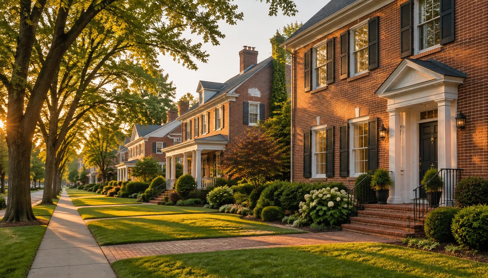 Tree-lined New Jersey neighborhood in warm evening light