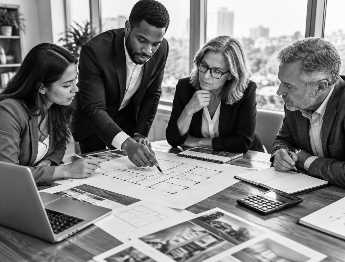 Real estate agents reviewing a project together at a desk